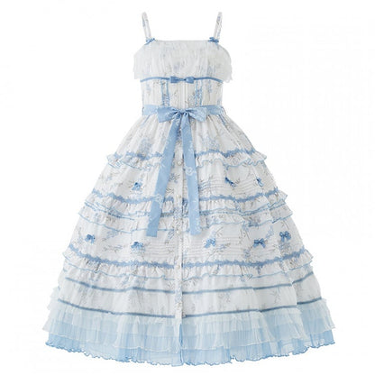 Ruffles White Floral Version Short Blue Lolita Classic Print Elegant Layered Dress