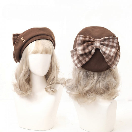 Decoration Coffee/Black Plaid Bear with Beret Bow