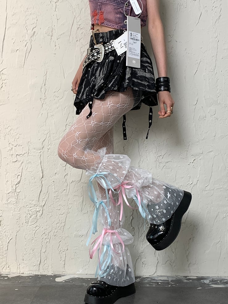 Sleeves Leg Set Semi-sheer Self-tie Floral White Design Y2K Pattern Straps Hollow-out Tights +