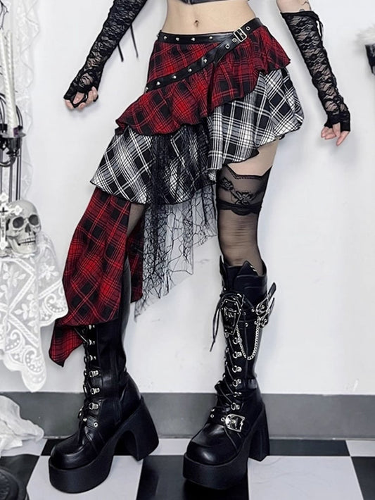 Belt Plaid Layers PU Asymmetrical Rock Mixed Halloween Punk Skirt Tiered with