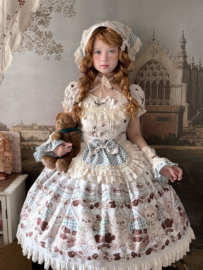Teddy Sleeves and Short Sweet Lolita Dress White Cherry Print