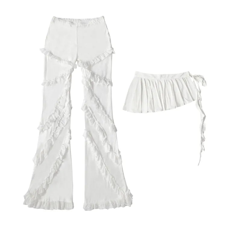 レースフリルパンツ ホワイトバレエコアスカート セルフタイセット +