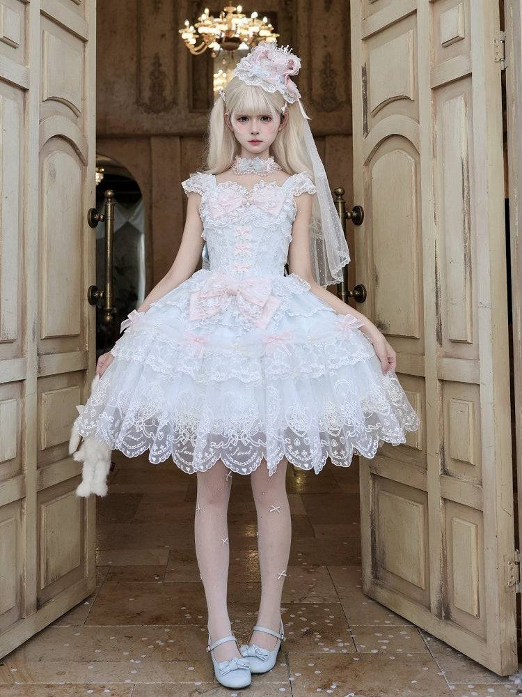 Blue Multi-Layer Lace Trim Lolita JSK with Bow and Bead Chain Decorations - White Sugar Girl