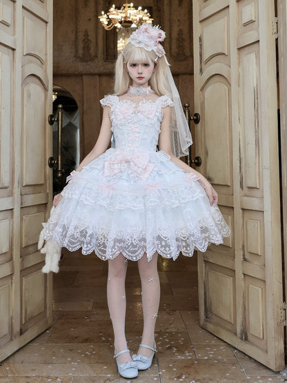 Blue Multi-Layer Lace Trim Lolita JSK with Bow and Bead Chain Decorations - White Sugar Girl