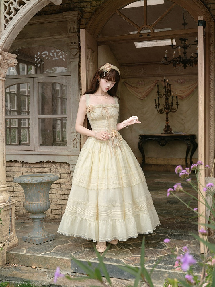 Yellow Sweet Button Top with Lace Skirt Set - Penny House
