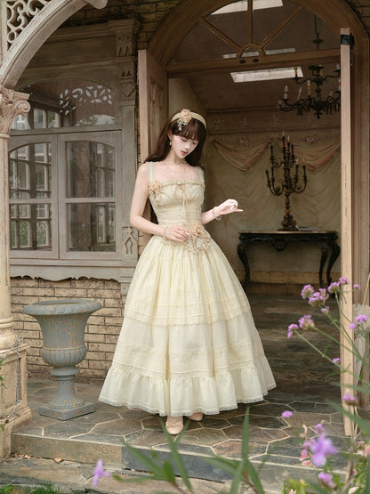 Yellow Sweet Button Top with Lace Skirt Set - Penny House