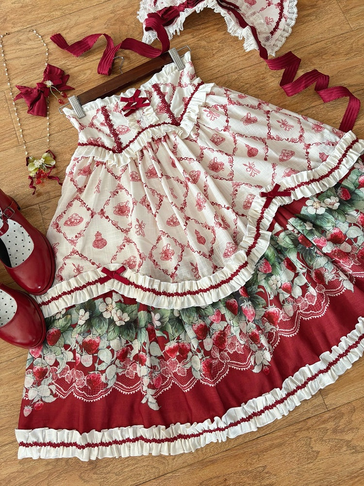 Elastic-Waist Lolita Skirt Featuring Strawberry Floral Motif - Currant