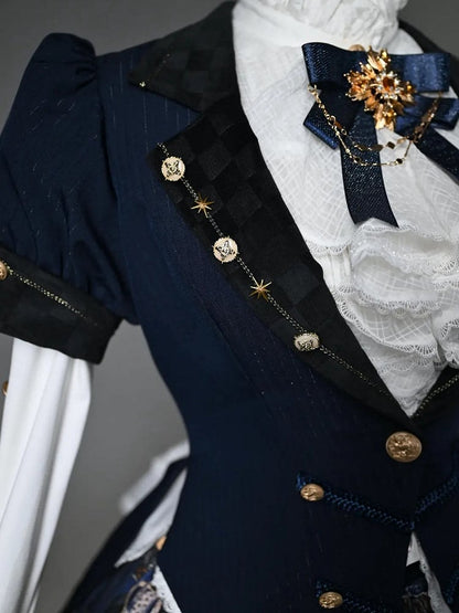 パフカラー スプリットテールスリーブ ブレザー ショート ブルー トップス ダーク