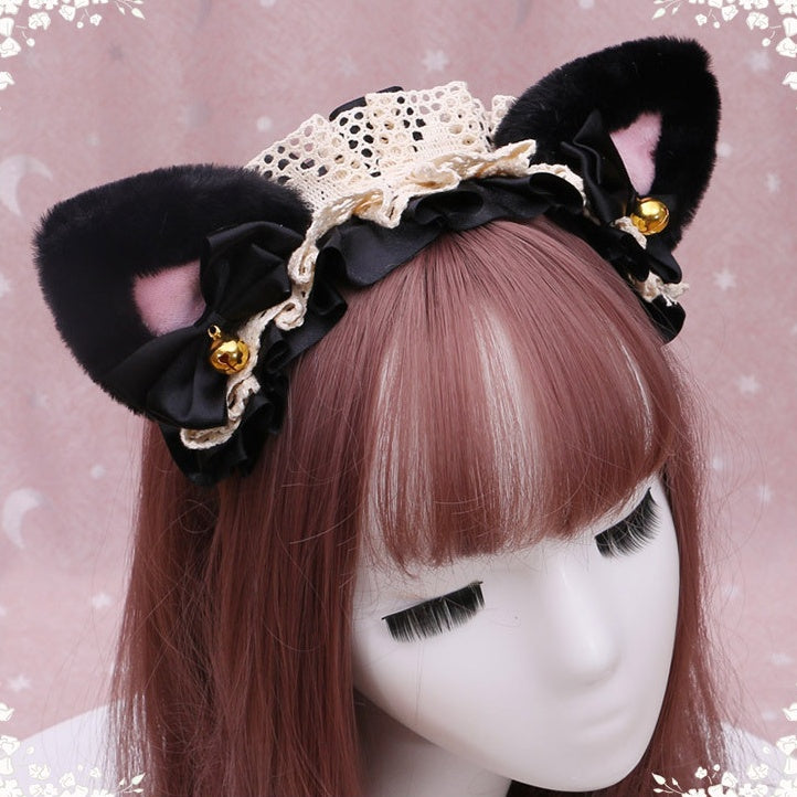 Decorated Lace Lolita Pink with KC Kitty Colors Playful 4 Plush Bow Bell Ears Black