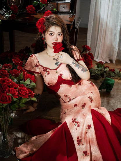 裾スカート プラスサイズ メッシュ レッド ロゼットプリント ドレス パッチワーク マーメイド