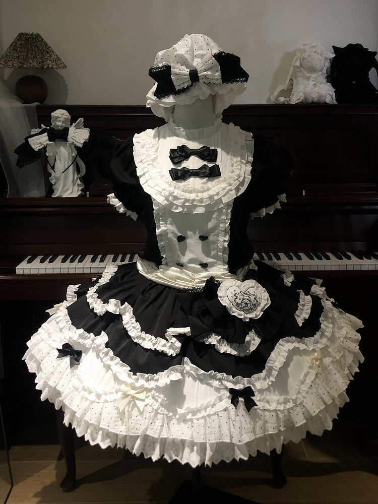 Black Embroidery Ruffle Neckline Layered and Sweet Lolita with Lamb White Bow Dress Accents
