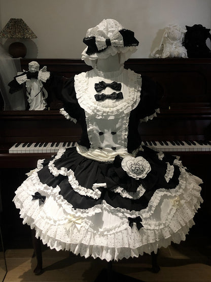 Black Embroidery Ruffle Neckline Layered and Sweet Lolita with Lamb White Bow Dress Accents