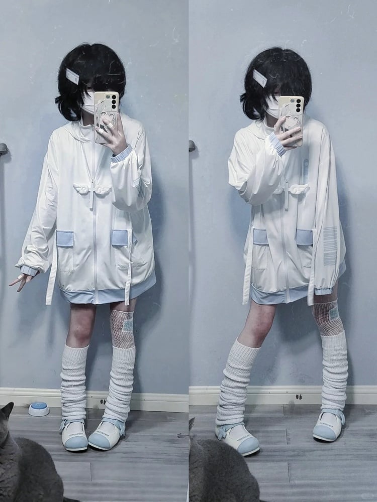 Hooded Full-Zip with - Blue Tenshi Jacket Banded Front Protection Kaiwai Sun Light Collar