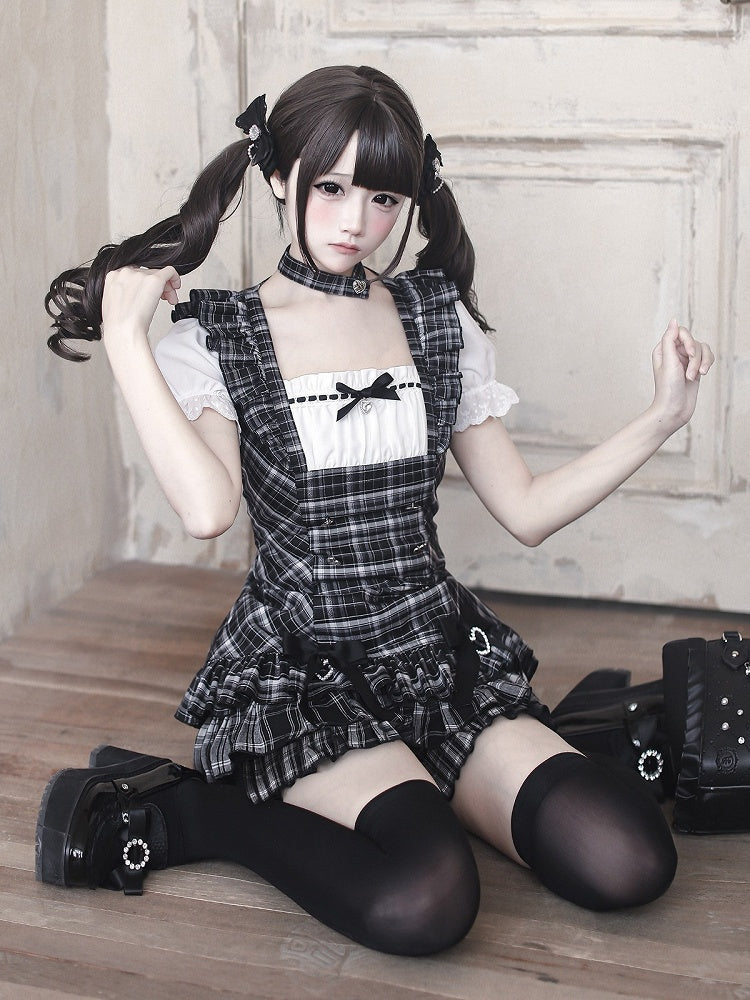 Black Plaid Square Neck Puff Sleeve Low-Waist Dress and Shorts Set - Ekomi