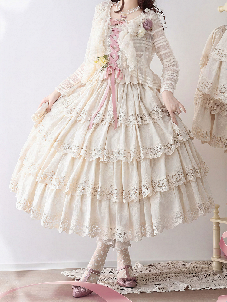 Beige Multi-layer Ruffles Elegant Lolita Skirt Floral Embroidery Details - Miss Point