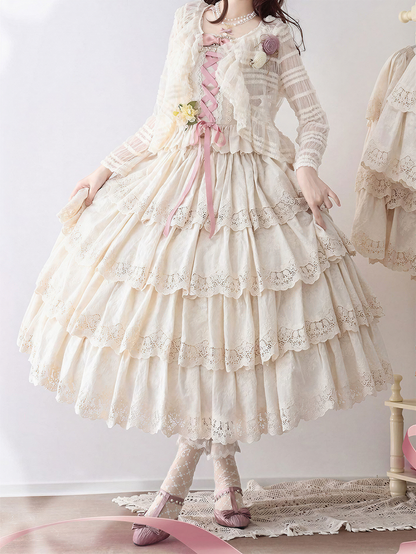 Beige Multi-layer Ruffles Elegant Lolita Skirt Floral Embroidery Details - Miss Point