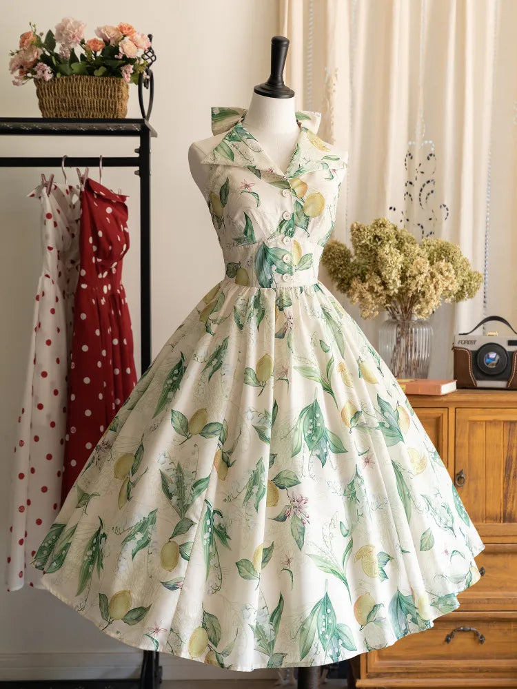 Neck Big Neckholder Fashion Backless Bow Lemon Green Retro Print Back Dress