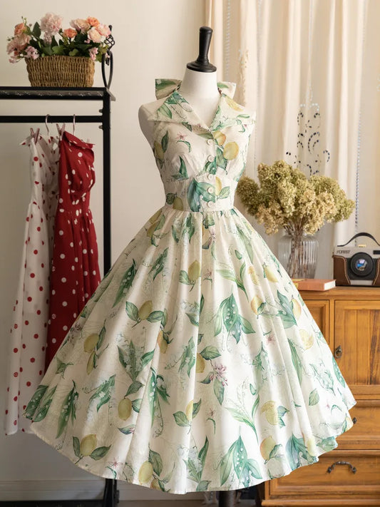 Neck Big Neckholder Fashion Backless Bow Lemon Green Retro Print Back Dress