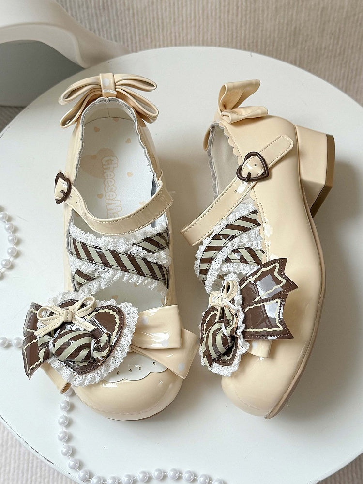 Lolita PU Mary Clip Heart Brown Leather Yellow Low-heel Janes - Candy in Sweet