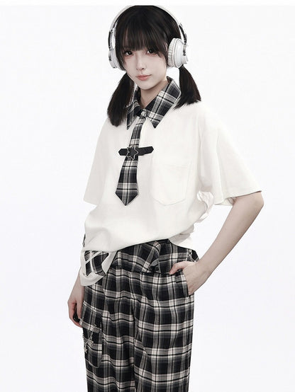 Preppy Plaid Star Patch Top with Tie Details - PINK SAVIOR
