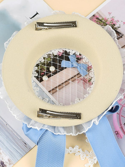 White Bow Clips Mini Lolita Blue Pearl Hat With