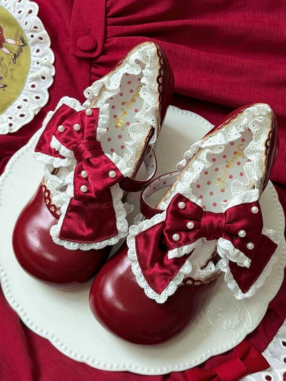 Embellished Bow Sweet Accent Red Leather PU Beads Trim Heels in Lace Mid