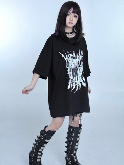 Kei Cartoon Girl Print Black T-shirt Jirai Round Neck