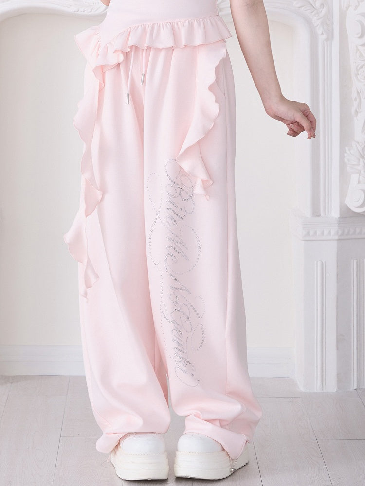 Pink Straight-Leg Pants with Rhinestone Embellishment - No Genki