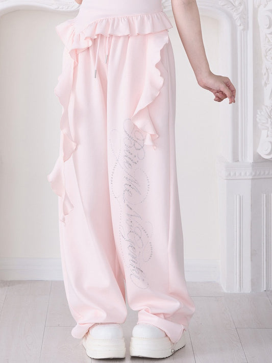 Pink Straight-Leg Pants with Rhinestone Embellishment - No Genki