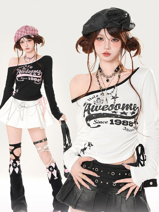 ブラック/ホワイト アシンメトリーネックライン ドローストリングウエスト グラフィックトップ