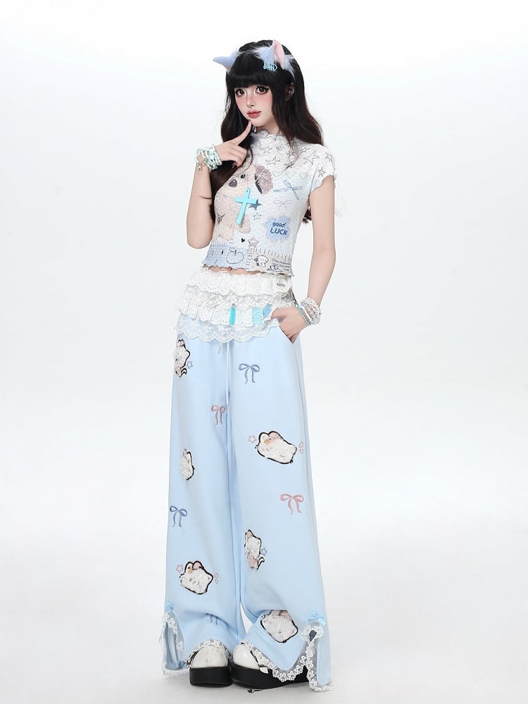 Plush Cat Embroidery Blue Slit Straight Leg Pants - CRAZY GIRL