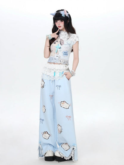 Plush Cat Embroidery Blue Slit Straight Leg Pants - CRAZY GIRL