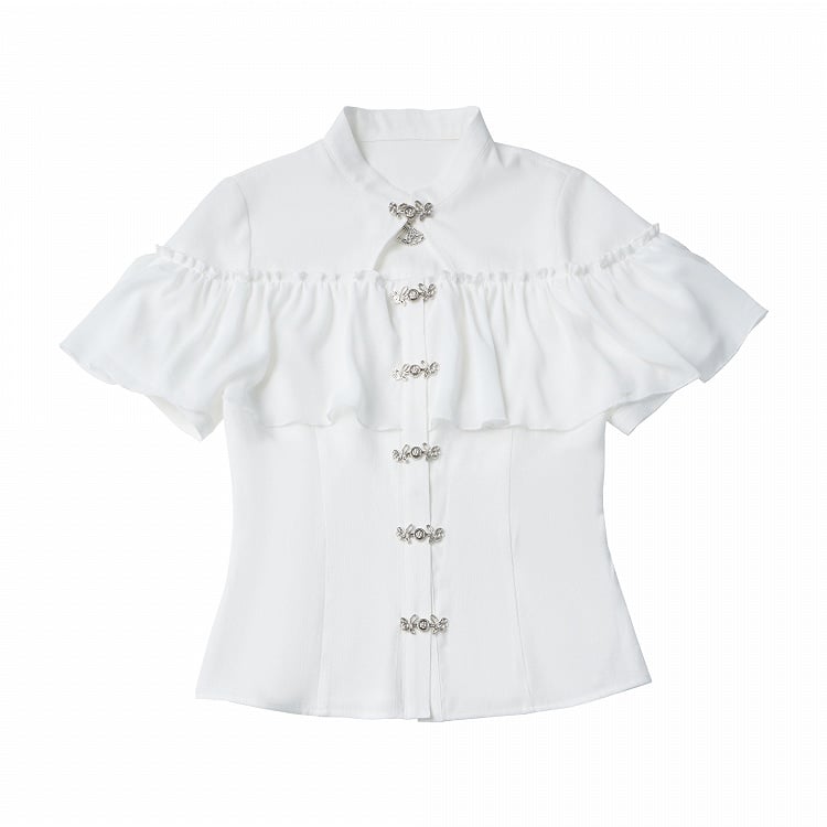 White Metal Frog Closure Blouse with Ruffles - PINK SAVIOR