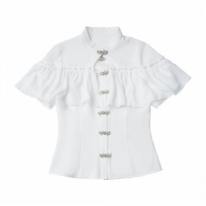 White Metal Frog Closure Blouse with Ruffles - PINK SAVIOR