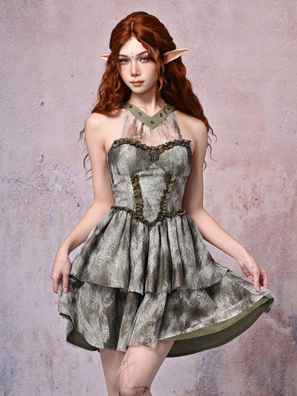 Halter Fairy Tie-dyed Forest Neck Waist Basque Dress Green Light