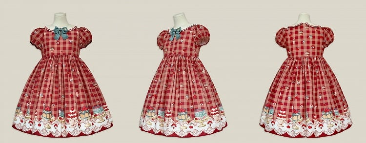 Rotes, hoch tailliertes Lolita-Kleid mit Kirsch- und Dessert-Gingham-Muster