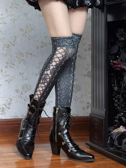 Fastening Black Boots Toe Zip in Lace Steampunk with Hybrid Mid-heel Pointed Design PU