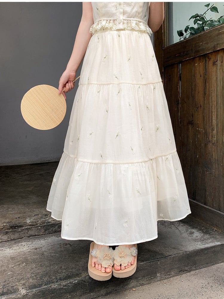 チュールスカート ケイ ベージュ ウエストゴム 花柄刺繍 森