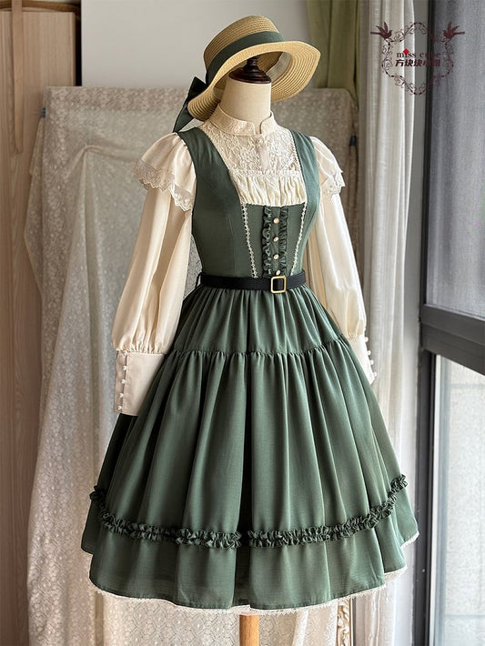 Green Elegant Classic Lolita JSK Dress with Ruffled Front Placket and Lace Trim