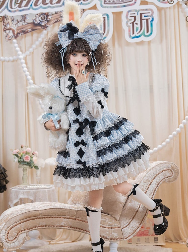 Alice in Wonderland Blue & White Gingham Sweet Lolita Dress with Tiered Ruffles - Hinana Queena