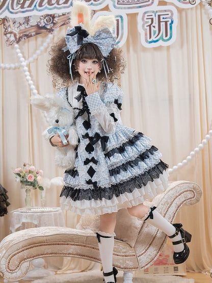 Alice in Wonderland Blue & White Gingham Sweet Lolita Dress with Tiered Ruffles - Hinana Queena
