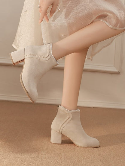 - High Version Beaded Heel Thicken Elegant Closures with Regular Cuff Beige Block Zip Boots Back /