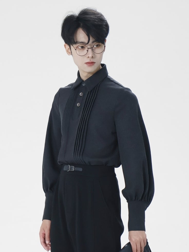 Front - Shirt Pleat Button Unisex Prince Sleeves Elegant Details Style Leg-of-Mutton with Black