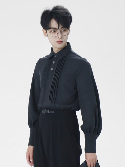 Front - Shirt Pleat Button Unisex Prince Sleeves Elegant Details Style Leg-of-Mutton with Black