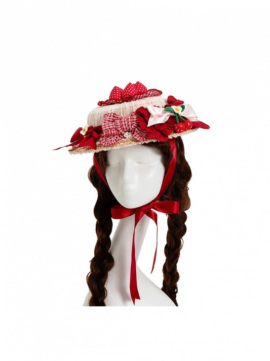 Chapeau de paille Lolita Cottagecore avec fraise rouge et nœud - DrunkCoco