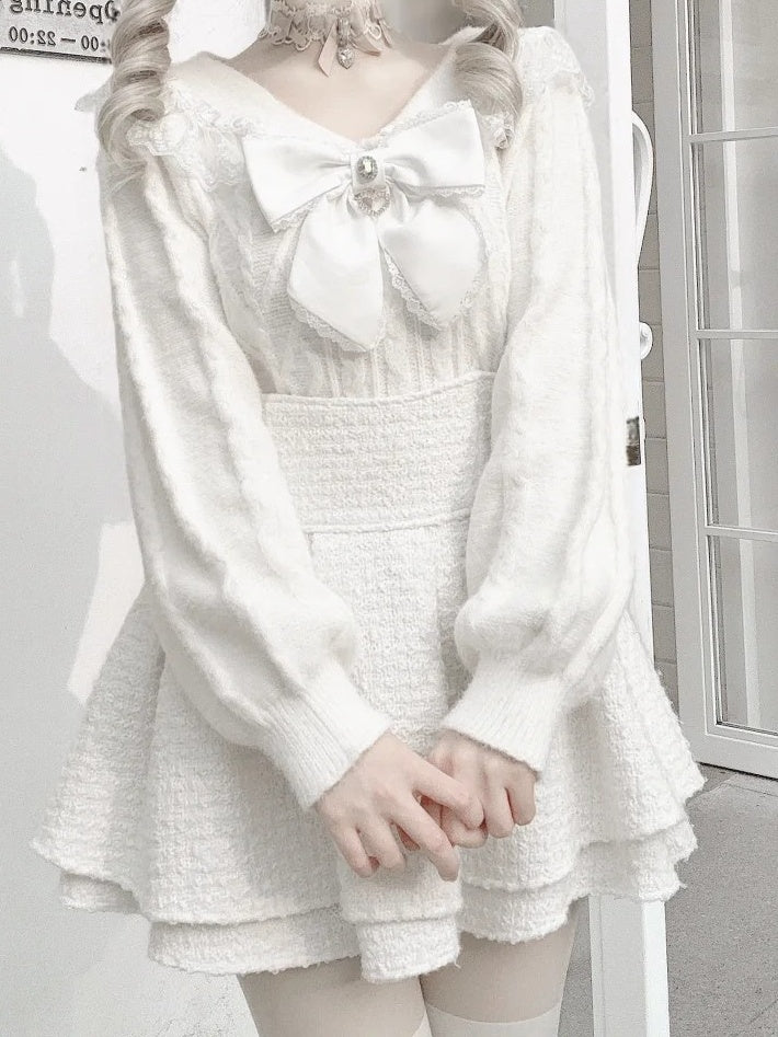 Trim Sailor Sweater Jirai Off-White Kei Collar Lace
