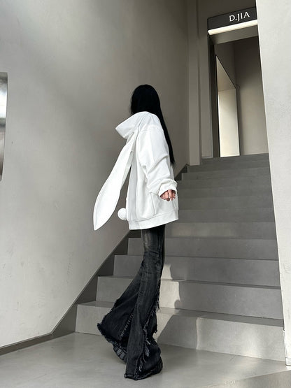 Bunny-Eared Zip Decoration White with Longline Hoodie