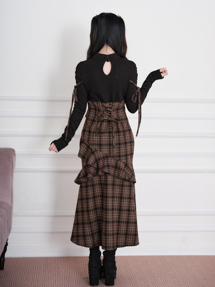 Brown Landmine Faux Two-Piece Plaid Knit Long-Sleeve Dress, Ruffles & Hem Slit - No Genki