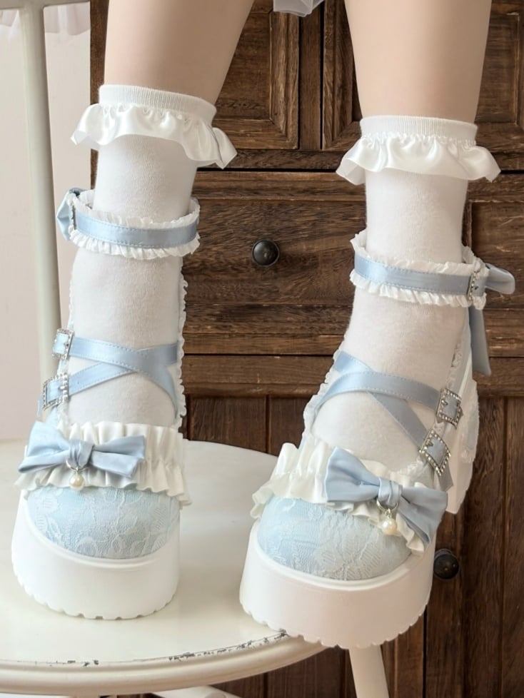 High Block Fastener Ornate Heels Crystal Baby Blue Lolita Sweet -