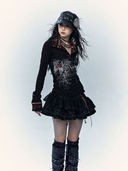 Schwarzer Stufenrock mit Spitzenbesatz und Schnürdetails